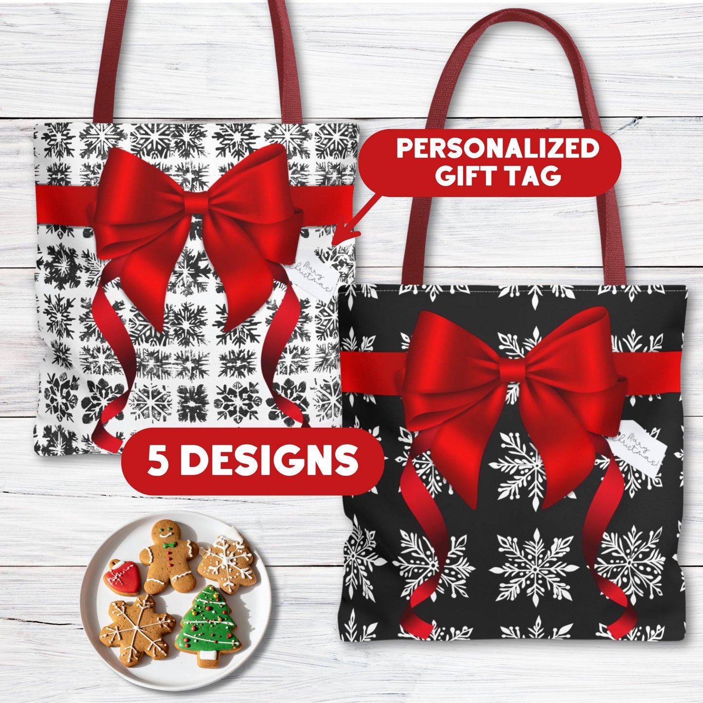 Personalized Red and Black Block Print Christmas Wrapping Boxy Tote Bag in 5 Designs - Personalized Gift Tag - Reusable Gift Bag