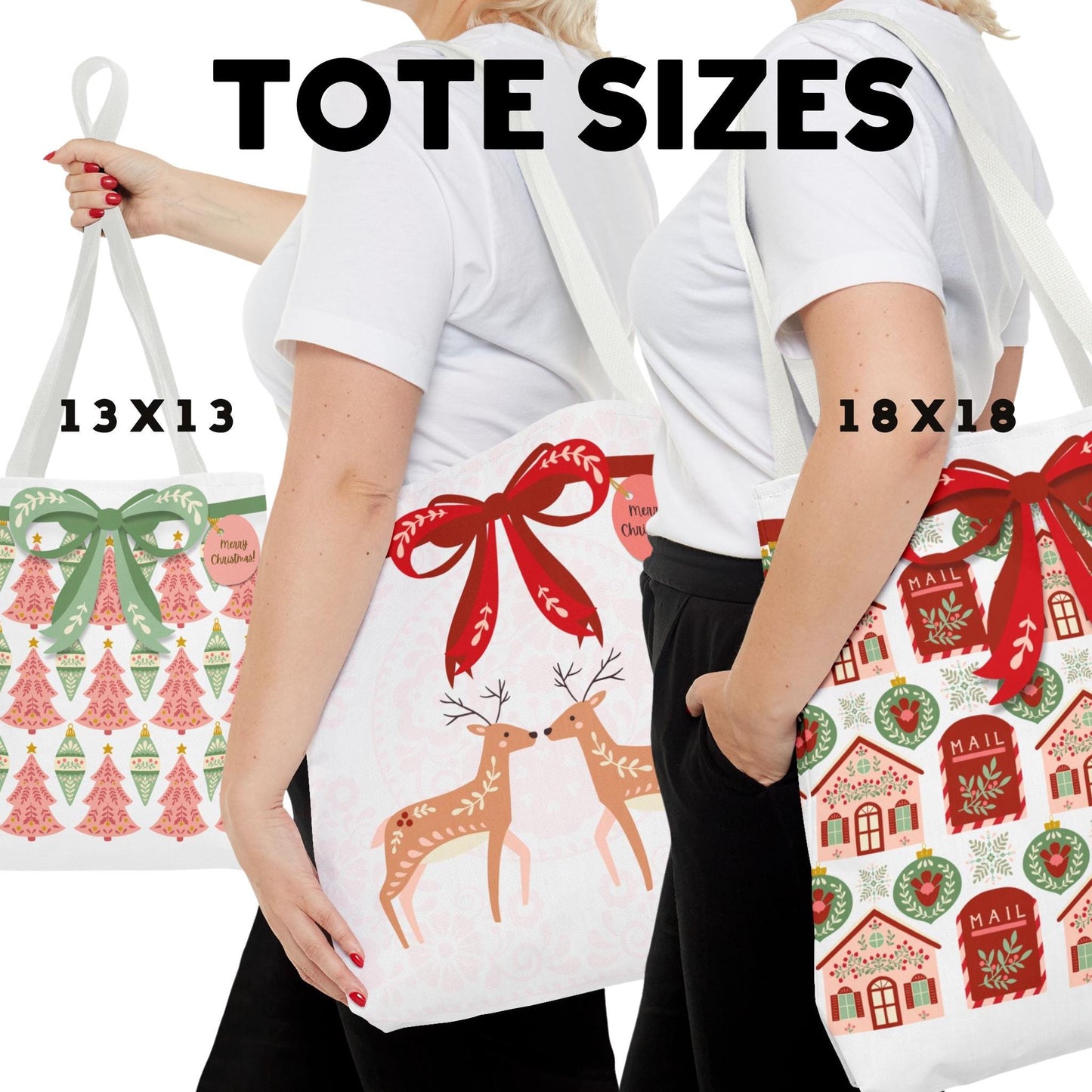 Personalized Folk Art Christmas Wrapping Boxy Tote Bag in 4 Designs - Personalized Gift Tag - Reusable Gift Bag