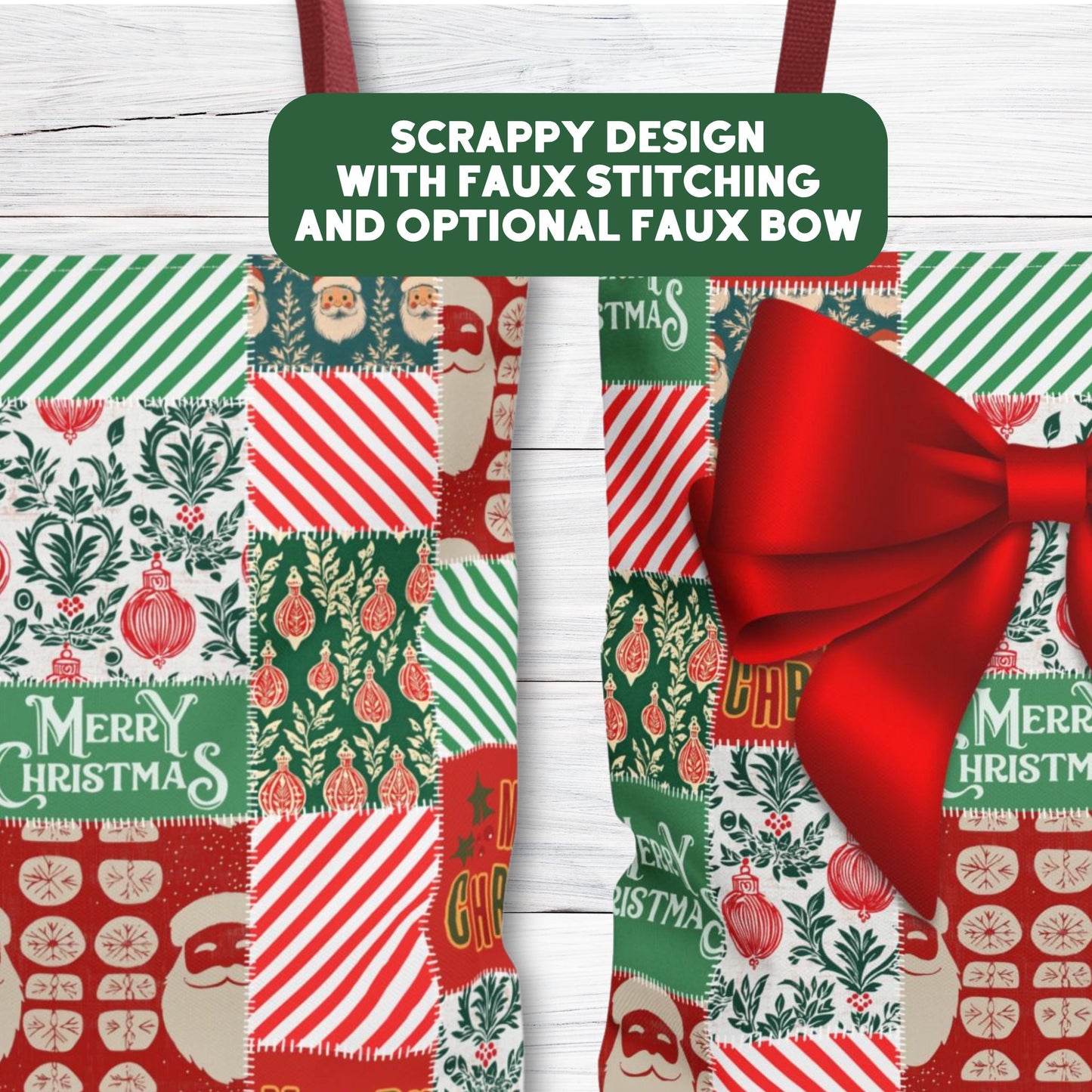 Personalized Red and Green Patchwork Boxy Tote Bag with Optional Bow
