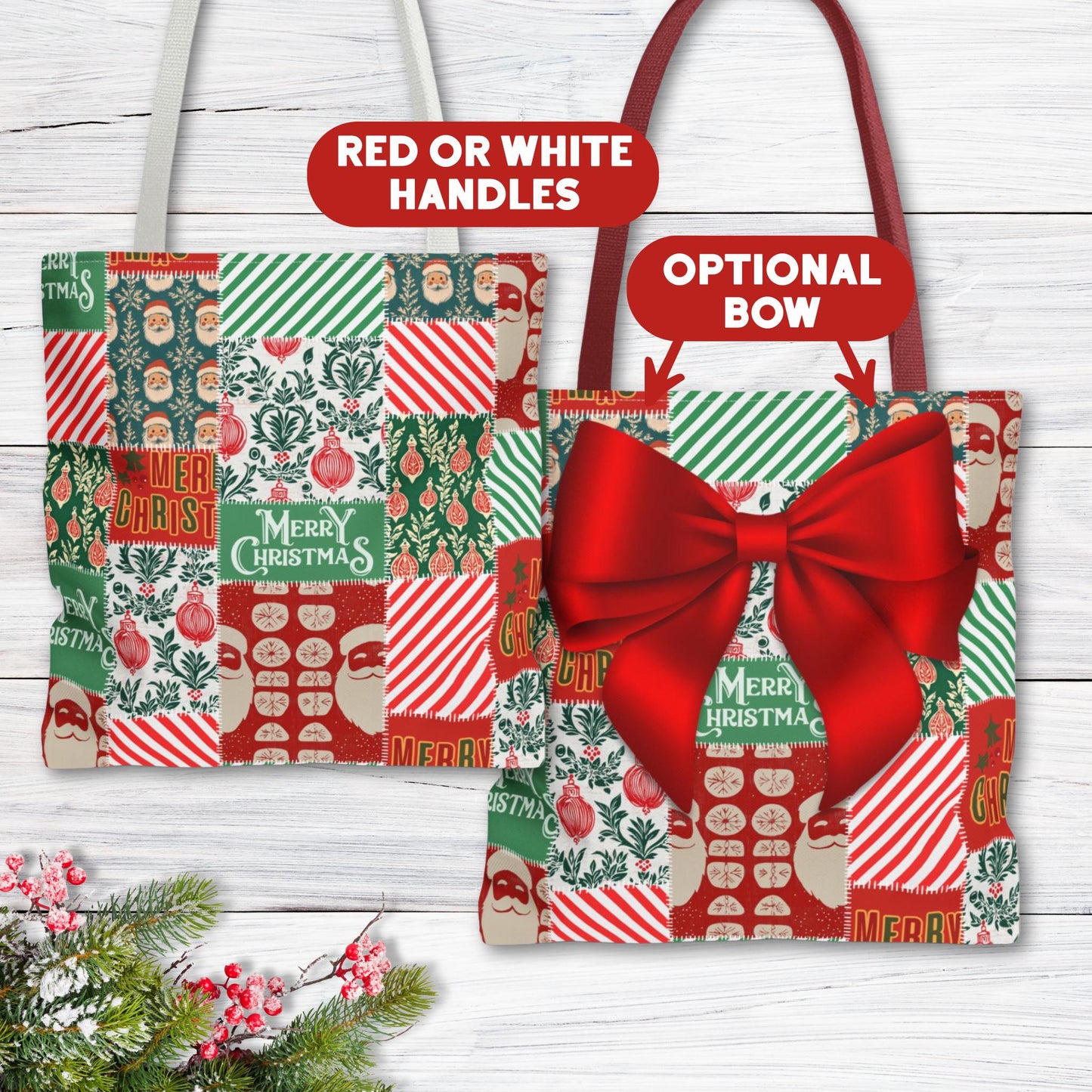 Personalized Red and Green Patchwork Boxy Tote Bag with Optional Bow