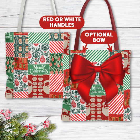 Personalized Red and Green Patchwork Boxy Tote Bag with Optional Bow